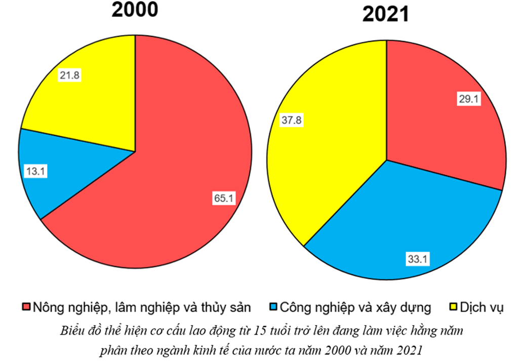 Cho bảng số liệu: Vẽ biểu đồ thể hiện cơ cấu lao động từ 15 tuổi trở lên đang làm việc