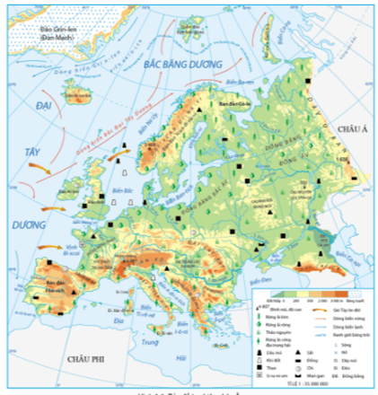 Xác định vị trí các bán đảo, dãy núi, đồng bằng, sông, trên bản đồ tự nhiên châu Âu