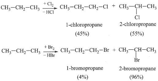 Monochlorine hoá propane có chiếu sáng ở 25oC thu được 45% 1-chloropropane và 55% 2-chloropropane