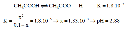 CH3COOH (có trong giấm ăn) là một acid yếu Tính pH của dung dịch CH3COOH 0.1 M