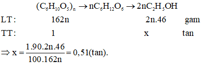 Tính khối lượng ethanol có thể thu được từ 1 tấn tinh bột, Biết hiệu suất của quá trình lên men đạt 90%