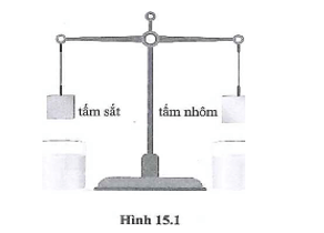Hai tấm sắt và nhôm có cùng khối lượng được treo vào hai đầu cân, khi đó, cân thăng bằng (hình 15.1)