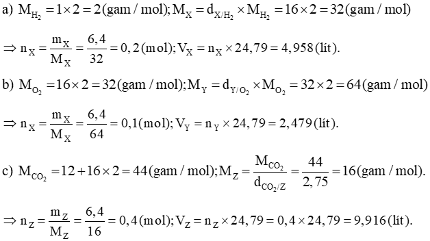 Tính số mol và thể tích (ở đkc) của 6,4 gam các chất khí X Y và Z