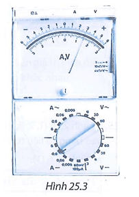 Ampe kế đang để ở thang đo 0,6 A. Cường độ dòng điện đo được trong ampe kế ở hình 25.3 là
