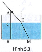 Một chiếc cọc cắm thẳng đứng xuống hồ nước, phần đầu cọc nhô khỏi mặt nước một đoạn AC = 60 cm