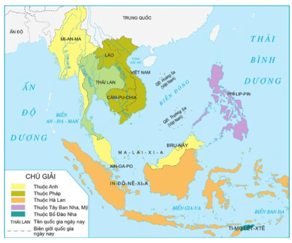 Tô màu trên lược đồ các khu vực là thuộc địa của Anh ở Đông Nam Á