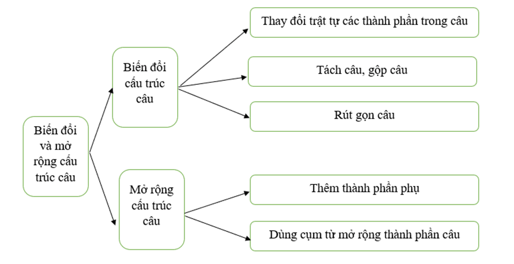 Vẽ sơ đồ thể hiện các cách biến đổi và mở rộng cấu trúc câu trang 71 SBT Ngữ Văn 9 Tập 2