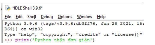 Em hãy viết câu lệnh trong cửa sổ Shell để hiển thị ra màn hình dòng chữ Python thật đơn giản