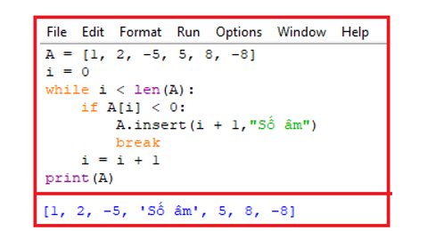 Cho dãy số [1, 2, -5, 5, 8, -8]. Em hãy viết chương trình chèn xâu