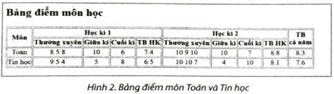 Em hãy tạo bảng điểm môn Toán và Tin học trong cả năm của mình như Hình 2