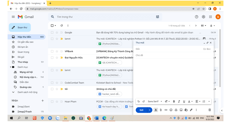 Em hãy tạo một địa chỉ hộp thư điện tử cho mình, gửi email cho cô giáo chủ nhiệm báo cáo kết quả 