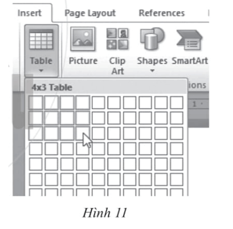 Em hãy điền vào chỗ chấm các cụm từ: cần chèn bảng, Insert, Tables, vùng tạo bảng