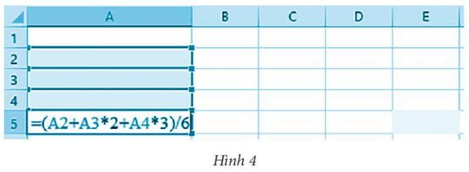 Trong bảng tính MS Excel ở Hình 4, khi sao chép công thức ở ô tính A5 sang các ô tính B5, C5, D5, E5