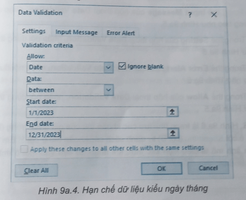 Hình 9a.4 là thông tin xác thực dữ liệu đối với cột Ngày trong bảng tính lưu thông tin 