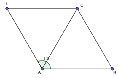Cho hình thoi ABCD cạnh a và ∠A = 120°  . Tính ( vectơ AC ) . ( vectơ BC )