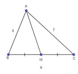 Cho tam giác ABC có AB = 5, BC = 6, CA = 7. Tính: a) sin ∠ABC; b) Diện tích tam giác ABC; c) Độ dài đường trung tuyến AM