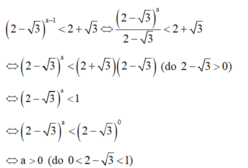 Nếu (2- căn bậc hai 3)^(a-1) < 2 + căn bậc hai 3 thì