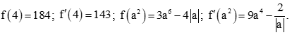Cho hàm số f x = 3x^2 – 4 căn bậc hai x Tính f 4 f’ 4 f a^2 f’ a^2 a là hằng số khác 0