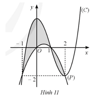 Cho các hàm số y = f(x), y = g(x) có đồ thị hàm số lần lượt là (P), (C) và hình phẳng được tô màu như Hình 11