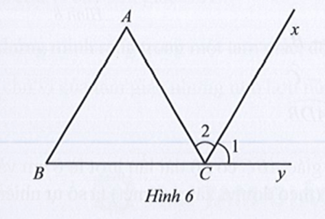 Ở Hình 6 có góc A = góc B = 60 độ và Cx là tia phân giác của góc ACy. Chứng minh Cx song song với AB