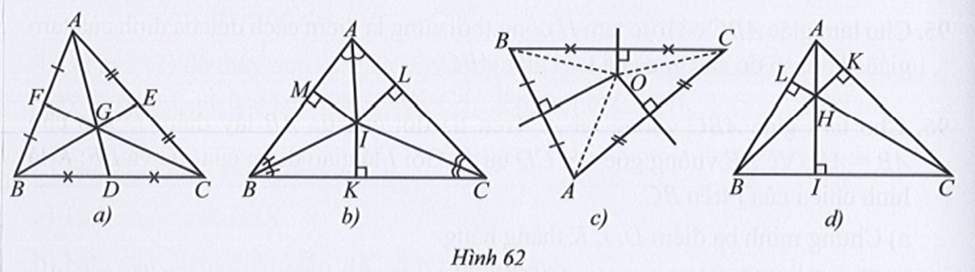 Trong các hình 62a, 62b, 62c, 62d, hình nào có điểm cách đều các đỉnh của tam giác đó