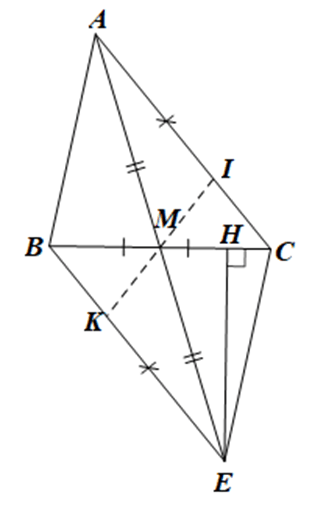 Cho tam giác ABC có AB < AC, M là trung điểm của BC. Trên tia đối của tia MA lấy điểm E 