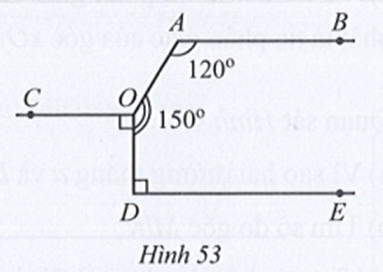 Cho Hình 53 có OC và DE cùng vuông góc với OD, góc BAO bằng 120 độ, góc AOD bằng 150 độ