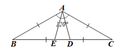 Cho tam giác ABC cân tại A có góc BAC = 120 độ. Trên cạnh BC lấy các điểm D, E 