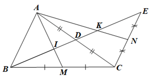 Cho tam giác ABC có đường trung tuyến BD. Trên tia đối của tia DB lấy điểm E