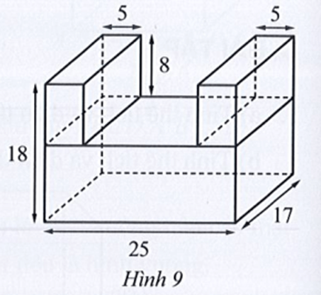 Hình 9 được ghép bởi 3 hình hộp chữ nhật. Tính thể tích của hình được ghép