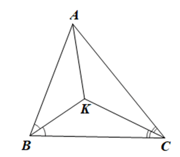 Cho tam giác ABC có góc ABC + góc ACB = 2 lần góc BAC. Hai tia phân giác của góc B và góc C cắt nhau tại K