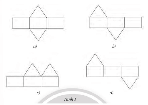Trong bốn tấm bìa dưới đây, tấm nào không thể gấp thành hình lăng trụ đứng tam giác?