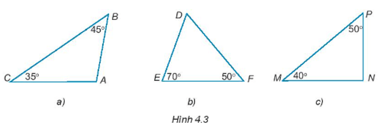 Hãy tính các số đo các góc A, D, N trong các tam giác dưới đây