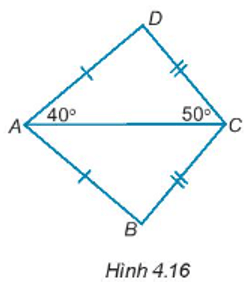 Cho Hình 4.16, biết rằng ∠DAC = 40°,∠DCA = 50°, hãy tính số đo các góc của tam giác ABC
