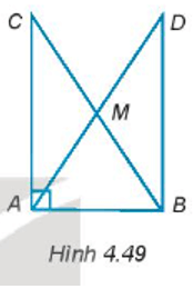 Cho tam giác ABC vuông tại đỉnh A. Gọi M là trung điểm của BC và D là điểm nằm trên tia đối của tia MA sao cho MD = MA (H.4.49)