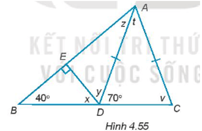 Tính số đo các góc x, y, z, t, v trong Hình 4.55