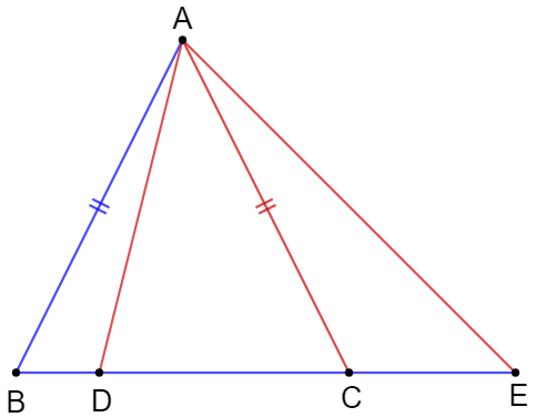 Cho tam giác ABC cân tại A, hai điểm D, E nằm trên đường thẳng BC, D nằm giữa B và C
