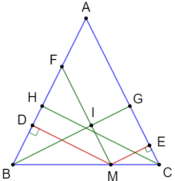 Cho tam giác ABC cân tại A và một điểm M tùy ý thuộc đoạn thẳng BC, M khác B và C