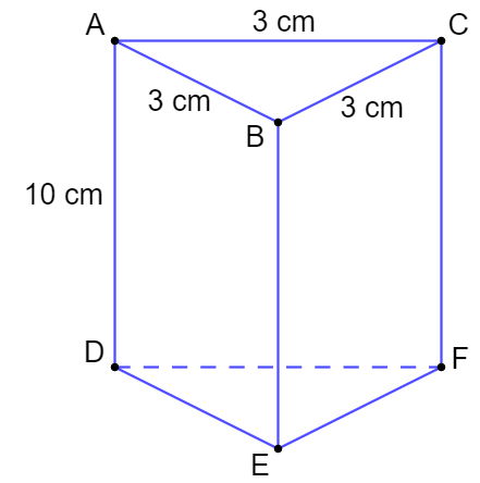 Hình lăng trụ đứng tam giác có đáy là tam giác đều cạnh 3 cm, chiều cao hình lăng trụ bằng 10 cm