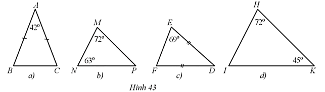 Quan sát Hình 43 và chỉ ra hai cặp tam giác đồng dạng