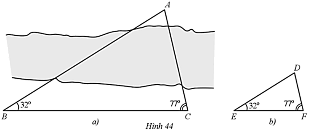 Bác An cần đo khoảng cách AC, với A, C nằm ở hai bên bờ của một hồ nước (Hình 44a)