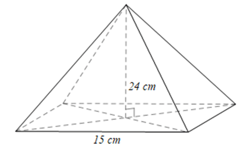 Tính thể tích của hình chóp tứ giác đều có chiều cao 24 cm