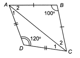 Cho tứ giác ABCD với AB = BC, CD = DA, góc B = 100 độ, góc D = 120 độ