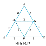 Từ một mảnh bìa hình tam giác đều có cạnh 6cm, gấp theo các nét đứt ta được một hình 