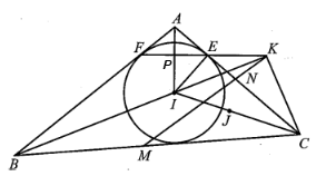 Đường tròn tâm I nội tiếp tam giác ABC tiếp xúc với AB, AC lần lượt tại F và E