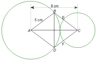 Cho hình thoi ABCD có cạnh AB = 5 cm, đường chéo AC = 8 cm, Vẽ các đường tròn (A; 5 cm), (C; 3 cm)