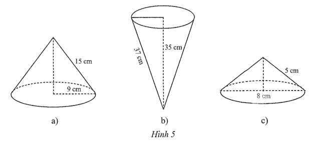 Hãy cho biết bán kính đáy, chiều cao, độ dài đường sinh của mỗi hình nón sau