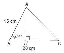 Cho tam giác ABC có AB = 15 cm, BC = 20 cm, góc ABC = 64 độ. Tính độ dài đường cao AH