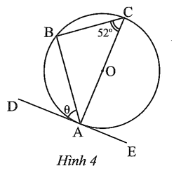 Cho biết DE là tiếp tuyến của đường tròn trong Hình 4. Số đo θ của góc BAD trong hình là