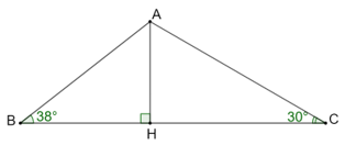 Cho tam giác ABC có BC = 11 cm, góc ABC = 38 độ, ACB = 30 độ. Gọi H là chân của đường vuông góc kẻ từ A đến BC